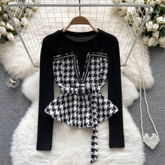 Şık Houndstooth Renk Bloklama Üst