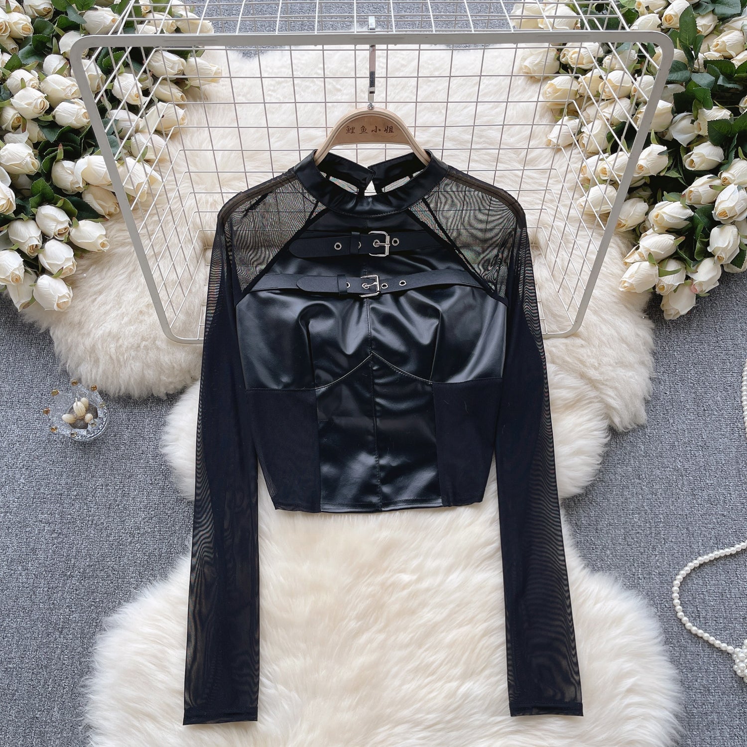 Ağı Mesh Patchwork PU Midriff Açık Üst