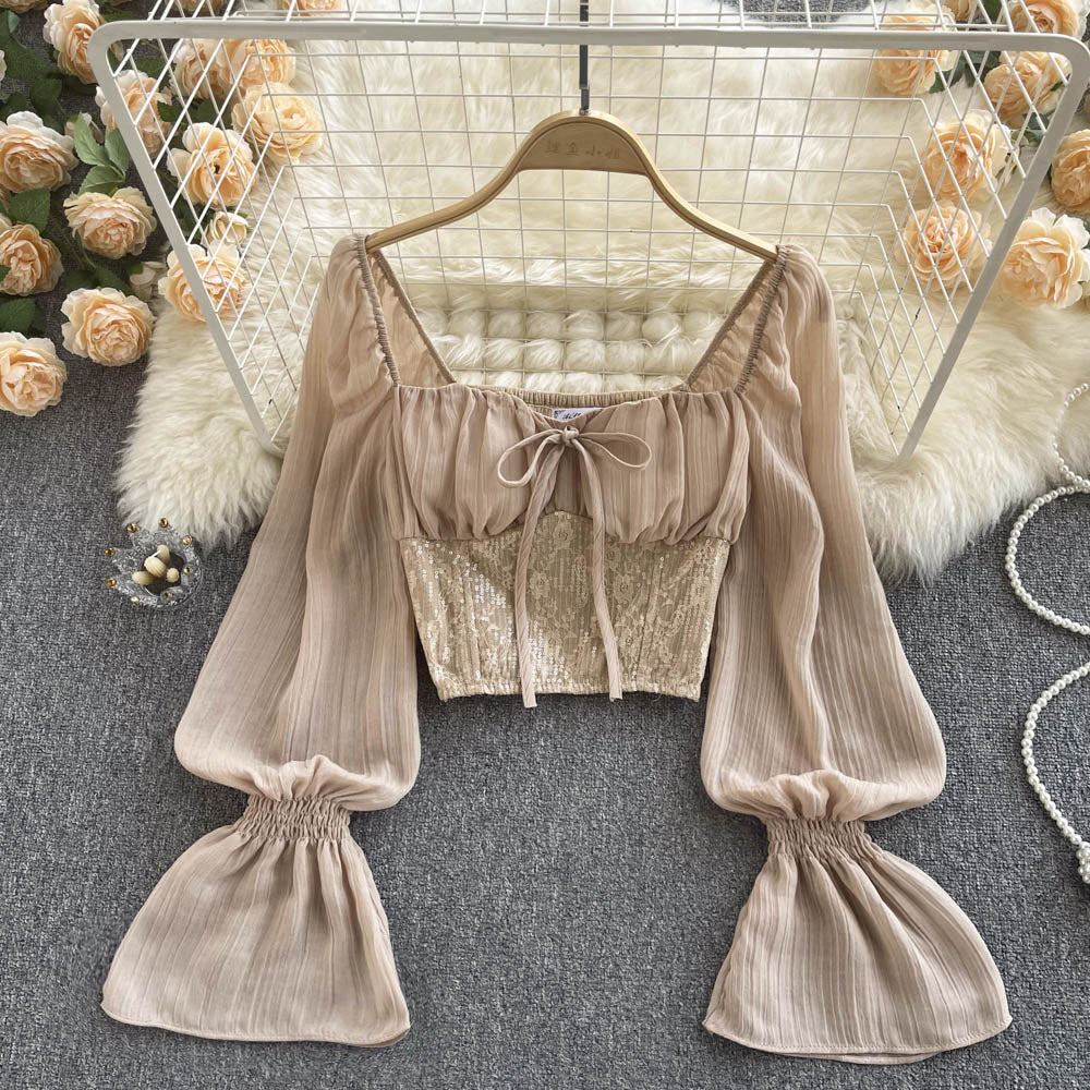 Midriff Açık Pul Payet Slim-fit Bluz