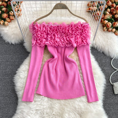 Üç Boyutlu Çiçek Desenli Off-shoulder Kazak