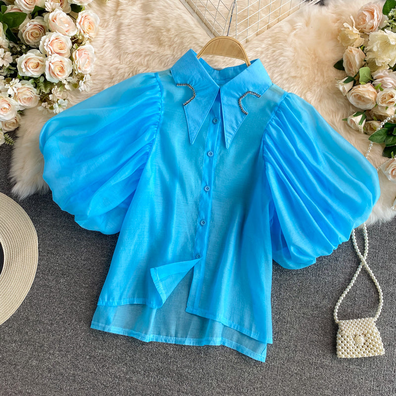 Düzensiz Rhinestone Yaka Puff Kol Gömlek