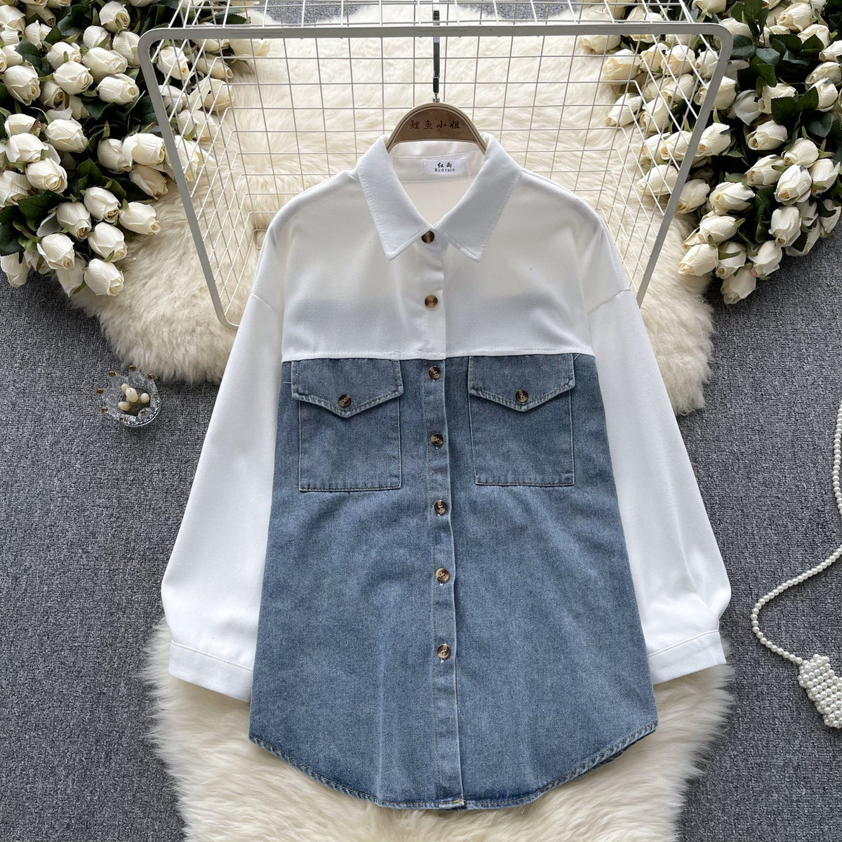 Renk Bloklama Denim Patchwork Gömlek
