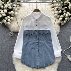 Renk Bloklama Denim Patchwork Gömlek