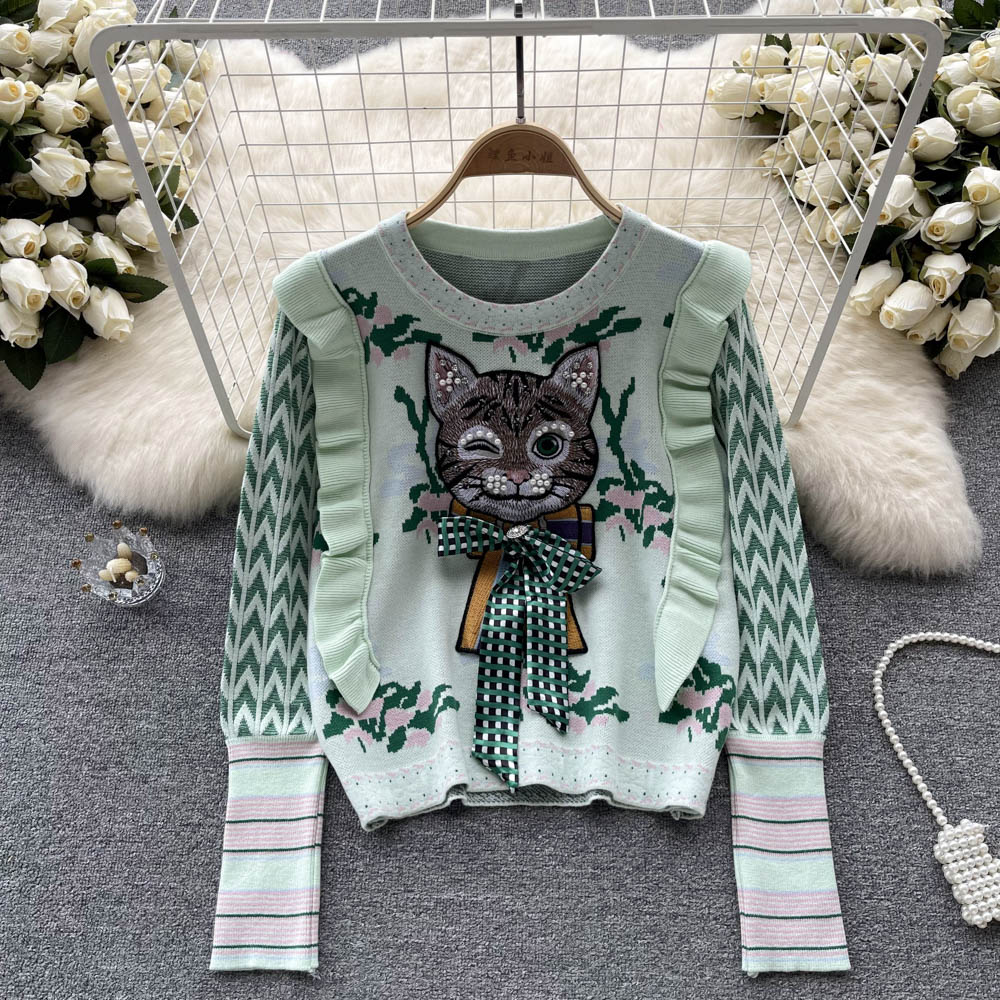 Vintage Ruffled 3D Kedi Desenli Kazak