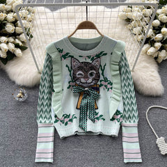Vintage Ruffled 3D Kedi Desenli Kazak