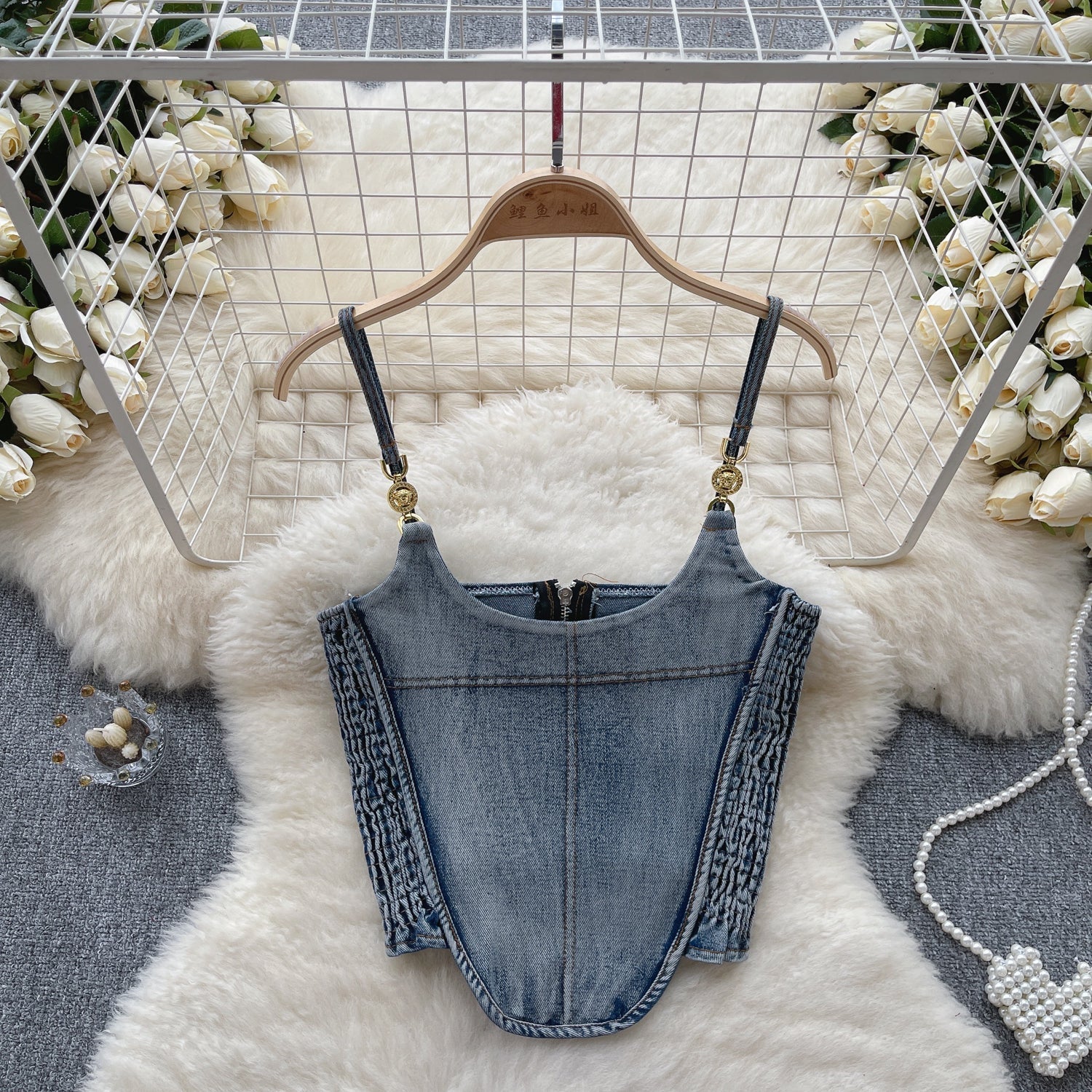Vintage Plise Denim Askılı Üst