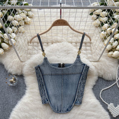 Vintage Plise Denim Askılı Üst
