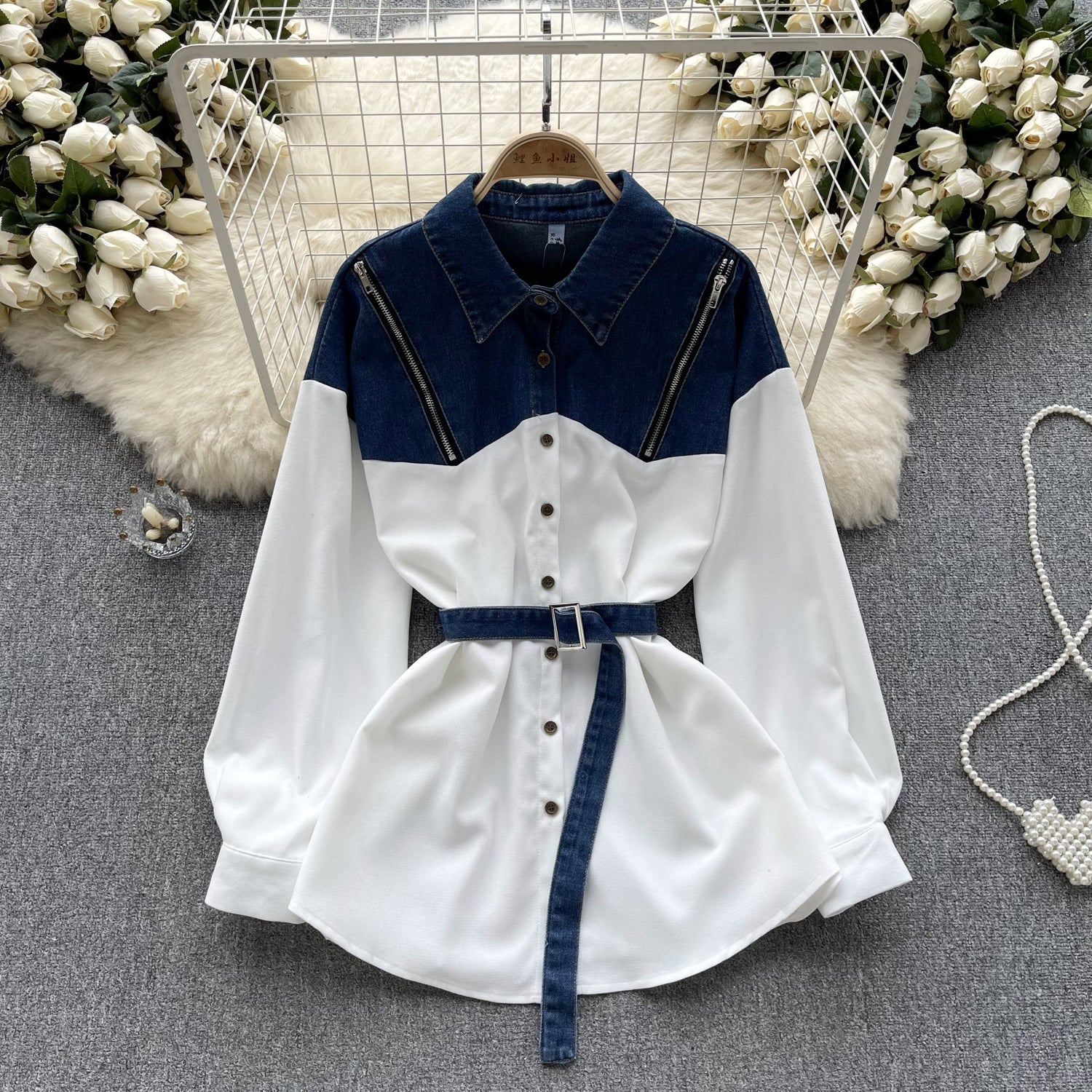 Niş Çizgili Patchwork Denim Gömlek