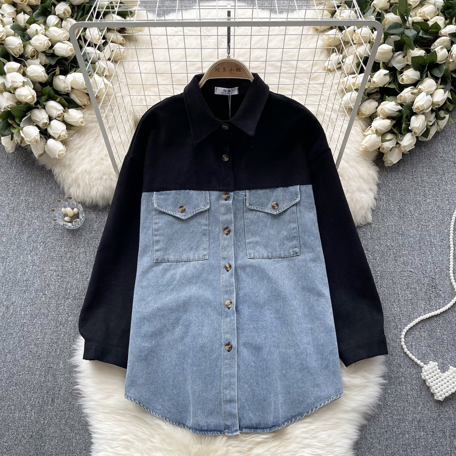 Renk Bloklama Denim Patchwork Gömlek