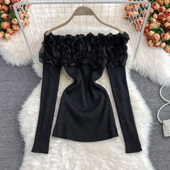 Üç Boyutlu Çiçek Desenli Off-shoulder Kazak