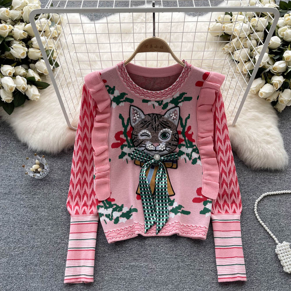 Vintage Ruffled 3D Kedi Desenli Kazak