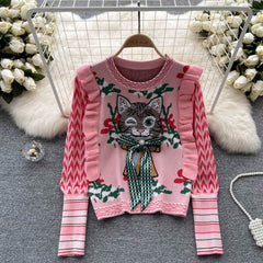 Vintage Ruffled 3D Kedi Desenli Kazak