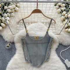 Vintage Plise Denim Askılı Üst