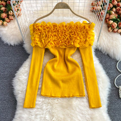 Üç Boyutlu Çiçek Desenli Off-shoulder Kazak