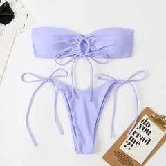 Düz Renk Plise Detaylı Bikini