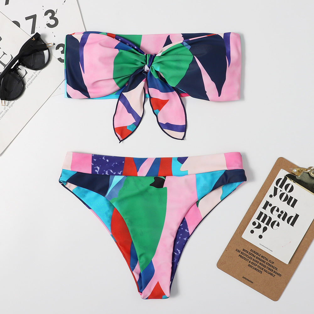 Düğümlü Çiçek Desenli Straplez Bikini