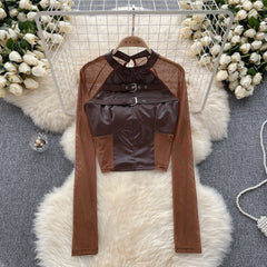 Ağı Mesh Patchwork PU Midriff Açık Üst