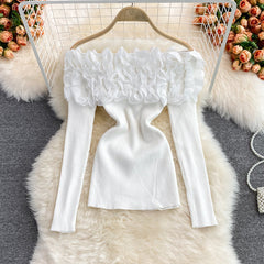 Üç Boyutlu Çiçek Desenli Off-shoulder Kazak