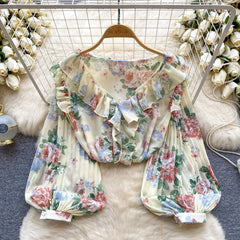 Tatlı Ruffled Şifon Çiçekli Bluz
