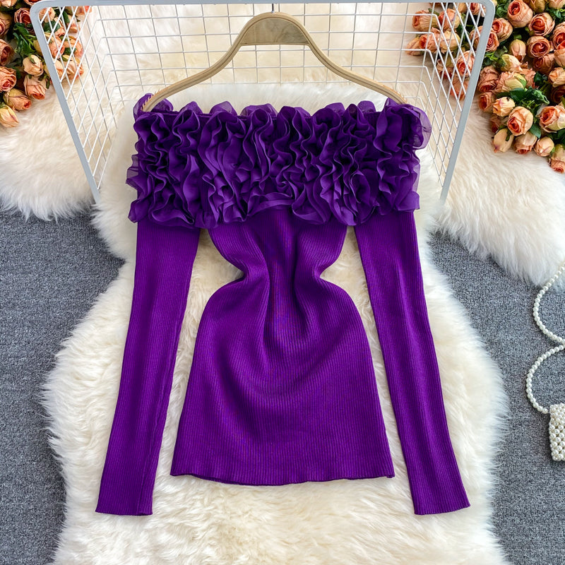 Üç Boyutlu Çiçek Desenli Off-shoulder Kazak