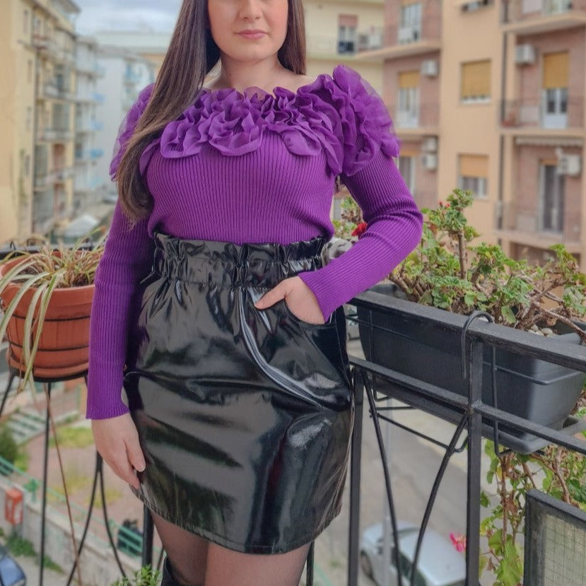 Üç Boyutlu Çiçek Desenli Off-shoulder Kazak