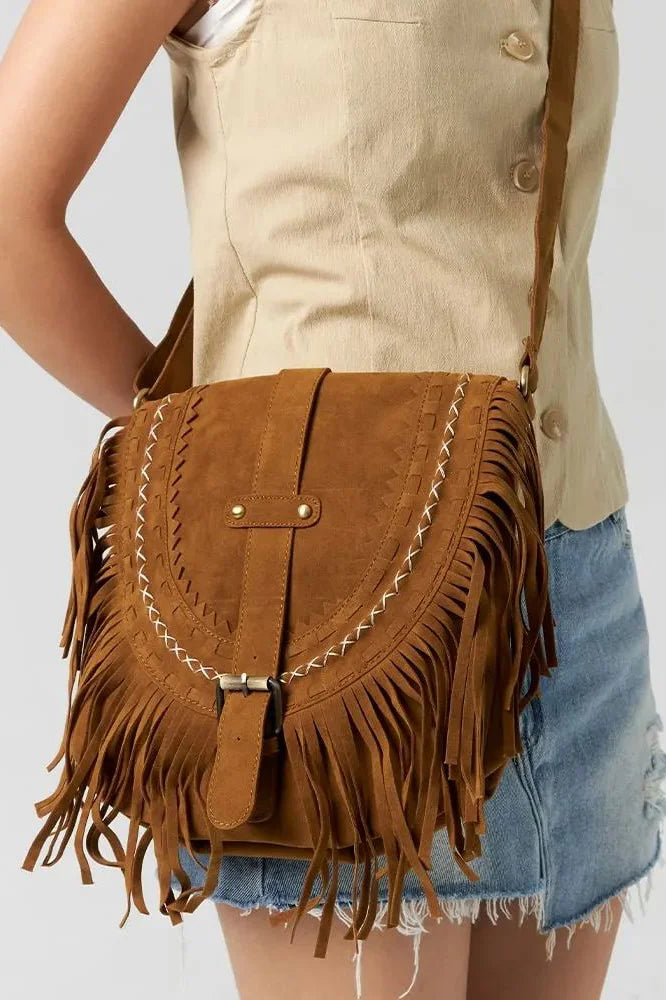 Kıvrımlı Franjeli Koyu Kahverengi Western Cowboy Tarzı Çanta