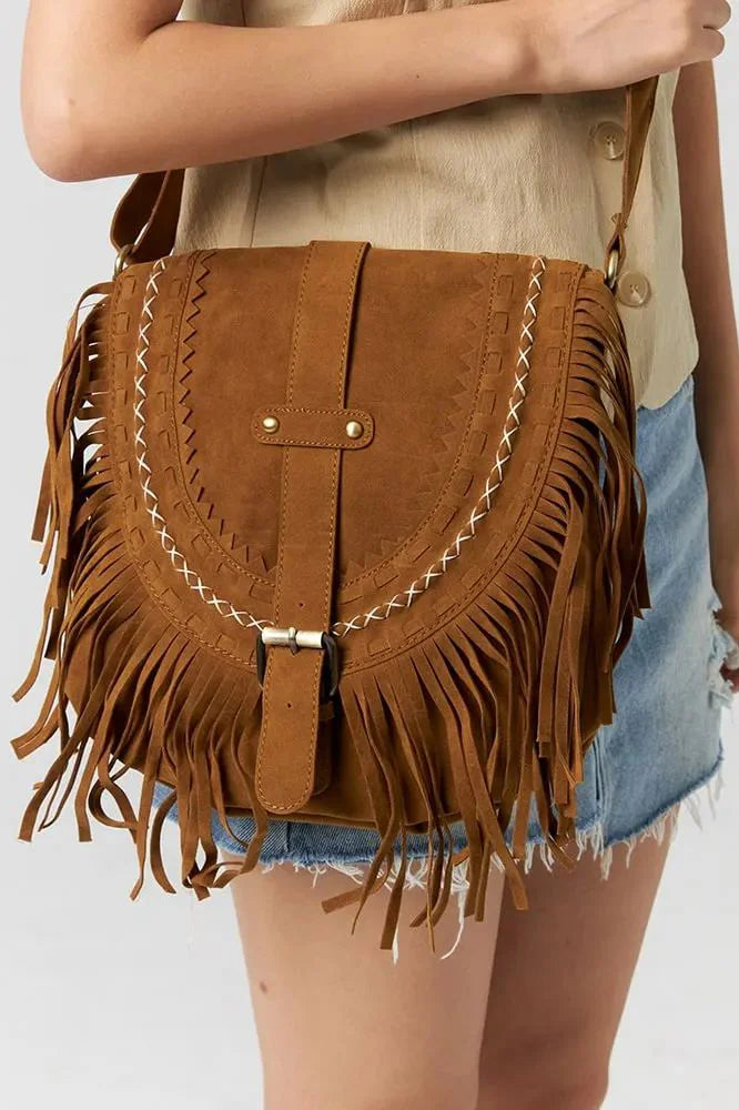 Kıvrımlı Franjeli Koyu Kahverengi Western Cowboy Tarzı Çanta