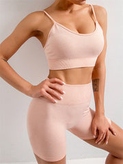 Tam Renkli Kadınlar için Dikişsiz Camisole Yoga Spor Sütyeni ve Şortlardan Oluşan İki Parçalı Set