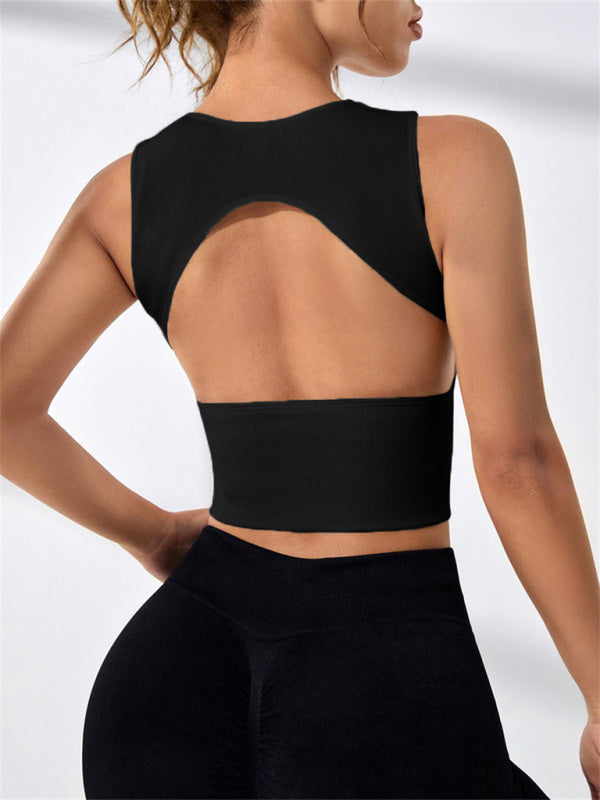 Tek Renk, Sırtı Açık, Kolsuz Kadın Spor Tank Topu, Yuvarlak Yaka